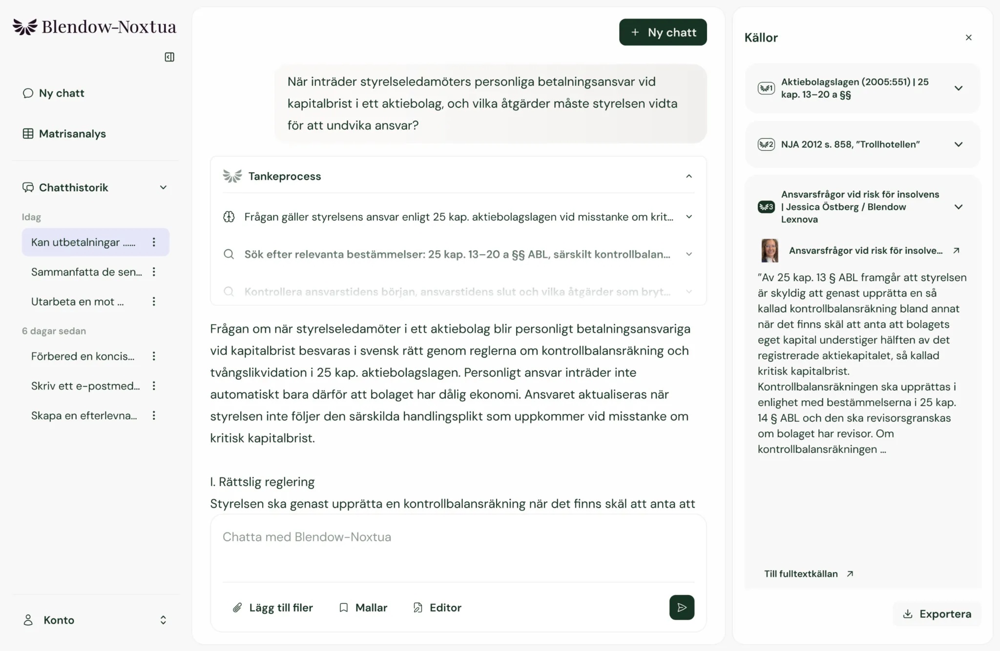 Blendow-Noxtua visar juridisk research med källor och tankprocess